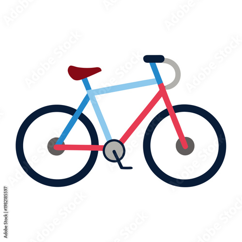 Bicycle flat design with red and blue frame in simple illustration for transportation or sport.