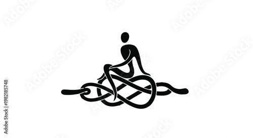 Human figure sitting atop an infinite knot symbol serves as a philosophical representation of human complexity, inner balance, and the search for peace within the tangled states of mental being.