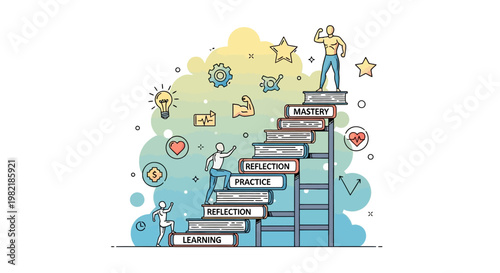 People climb staircase to reach goals with motivation and success