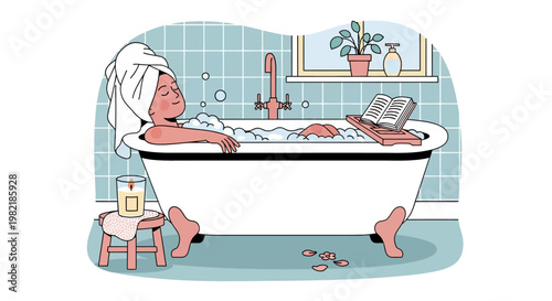 Woman relaxes in bathtub with towel on head and book nearby indoors