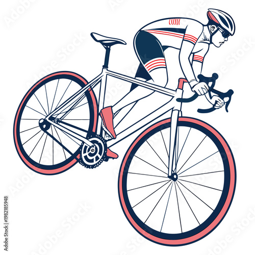 Cyclist in racing stance with aerodynamic jersey and helmet in clean line art style on white background for sports illustration.
