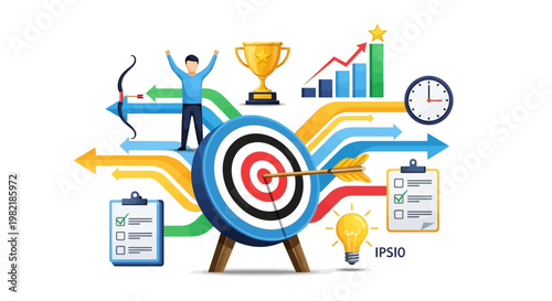 A person celebrates achieving a goal with a target and various office supplies around them.