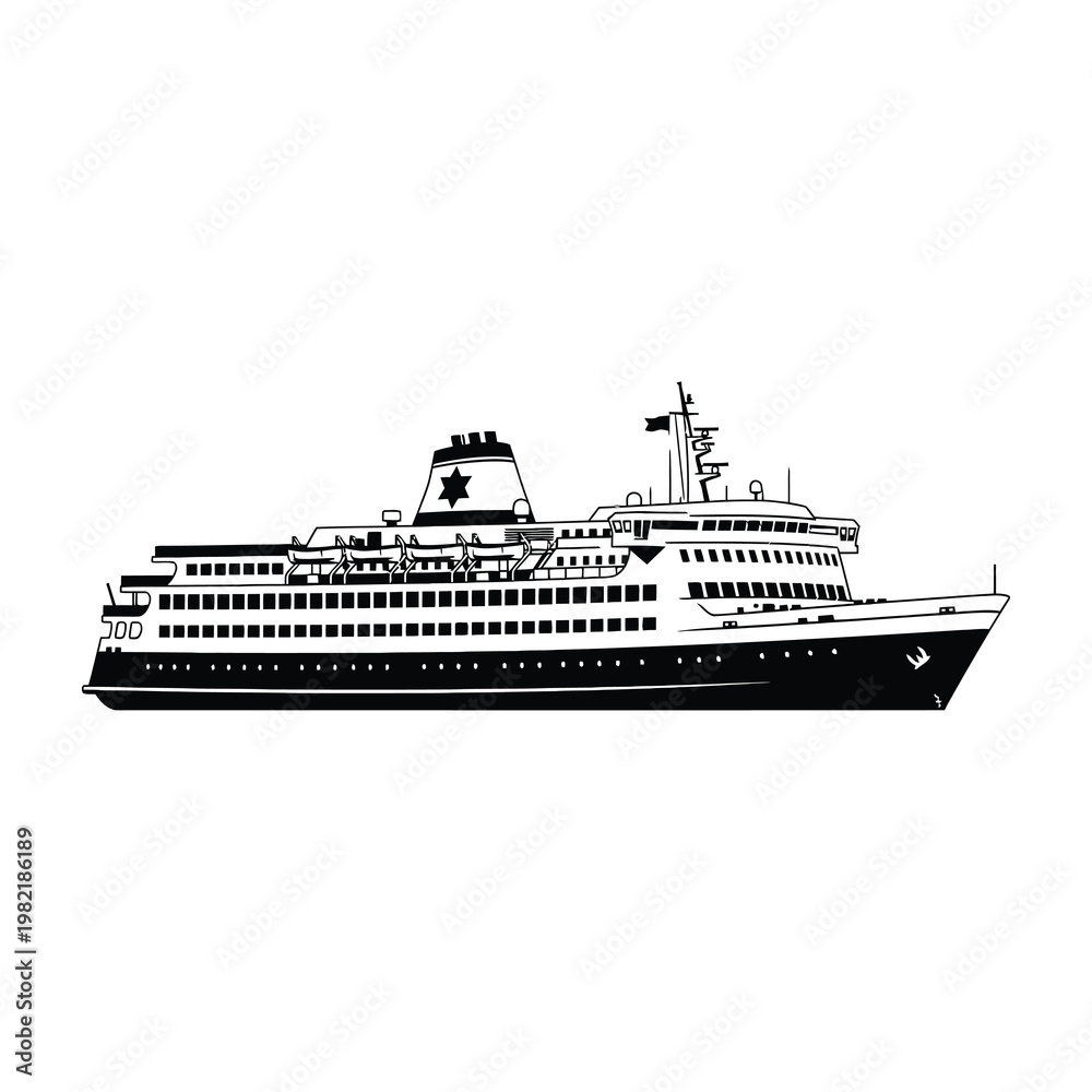 Fototapeta premium Large Passenger Ferry Boat Isolated on White Background Monochrome Silhouette Profile View Design