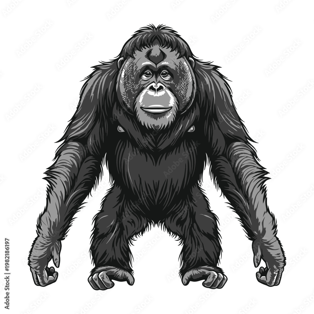 Fototapeta premium Orangutan ape standing pose in black and white style detailed portrait of a primate wild animal