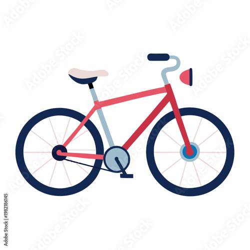 Bicycle flat illustration in red and blue with white accents on a white background for transportation and leisure.