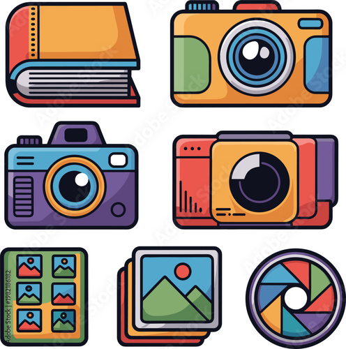 Photography icons collection with camera album images gallery collage creative media elements vector illustration design