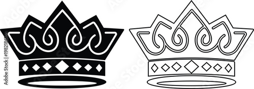 Crown icon set collection group, king, queen, royal, tiara, diadem, monarchy symbols, regal headwear shapes in flat and line style black vector illustration isolated design pack
