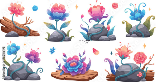Fantasy Magical Flowers Growing on Rocks and Wood Surfaces Colorful Floral Elements Cartoon Style Vector Illustration Set
