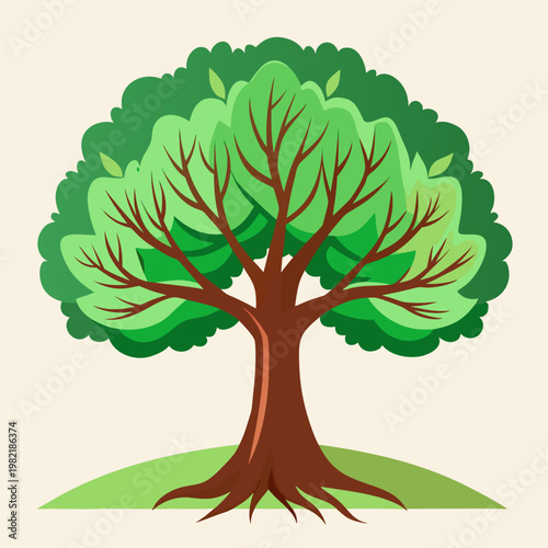 Tree stylized green and brown in flat design on beige background for nature and growth illustration