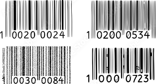 Set of four hand-drawn barcode illustrations with various artistic styles including continuous line, hatched texture, and stippled dots for product identification concepts 
