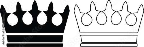 Crown icon set collection group, king, queen, royal, tiara, diadem, monarchy symbols, regal headwear shapes in flat and line style black vector illustration isolated design pack