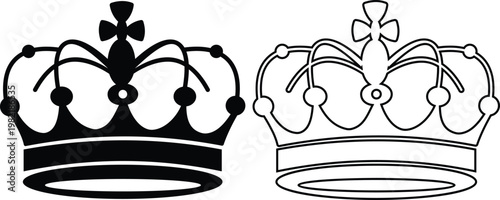 Crown icon set collection group, king, queen, royal, tiara, diadem, monarchy symbols, regal headwear shapes in flat and line style black vector illustration isolated design pack