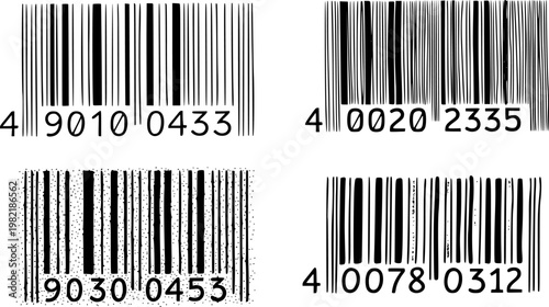 Set of four hand-drawn barcode illustrations with various artistic styles including continuous line, hatched texture, and stippled dots for product identification concepts 