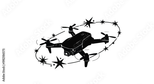 Quadrocopter drone captured with a decorative star orbit trail symbolizes the cutting edge of aerial technology and the innovative future of remote photography in a digital creative world.