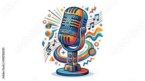 Vintage American Microphone with Music Symbols.