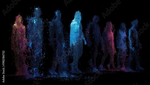 A striking abstract composition depicts a line of human figures rendered in a vibrant, pixelated style against a stark black background, creating a visually arresting and modern artwork.