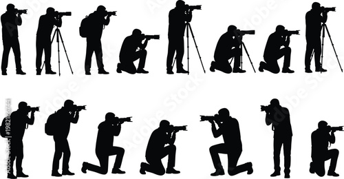 Professional photographer silhouettes collection featuring various poses with cameras, tripods, and backpacks for photography industry concepts, creative media shoots