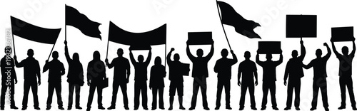 Silhouettes of people protesting with blank flags and signs, diverse crowd of activists demonstrating for social change, isolated vector illustration on white background.