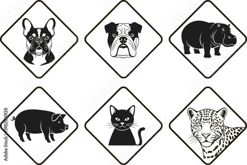 Black and White Animal Silhouette Icon Set with Dog Cat Pig Hippo Leopard Heads Minimal Wildlife Symbol Collection for Logo and Design Use