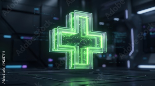 Futuristic Digital Health Cross in Neon Green Glow on Sci-Fi Background