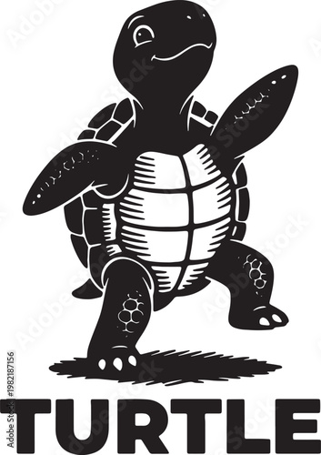 Cartoon black and white turtle character with big eyes walking proudly on green grass isolated on transparent background