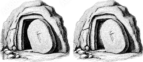 Four empty tomb illustrations in different graphic styles including continuous line, ink brush, engraving, and stippling, symbolizing the resurrection of Christ See Less
