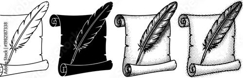 Set of four quill pens on paper scrolls presented in various artistic styles like simple outline, black silhouette, detailed engraving, and halftone dotwork See Less
