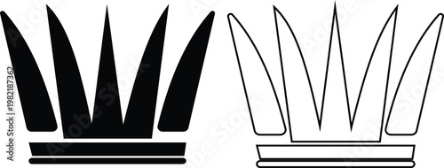 Crown icon set collection group, king, queen, royal, tiara, diadem, monarchy symbols, regal headwear shapes in flat and line style black vector illustration isolated design pack