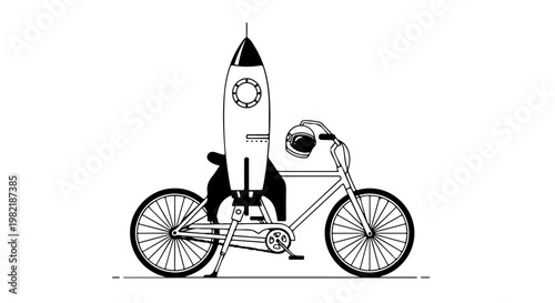 Rocket ship attached to bicycle astronaut riding bike with spacecraft black and white illustration