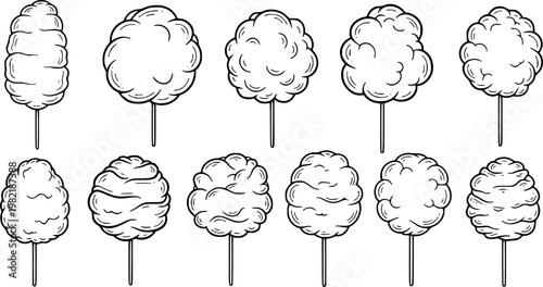 Collection of hand-drawn cotton candy illustrations, each with a unique fluffy shape on a stick.
