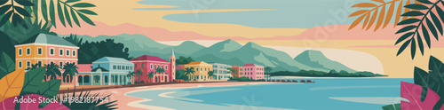 Coastal village bathed in golden sunset glow. Pastel homes line the beachfront with charm. Palm fronds frame the serene shoreline. Mountains loom softly behind the calm sea. Ideal for travel, vacation