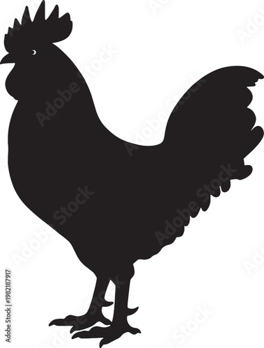 Silhouette of a proud rooster standing with its distinctive comb and tail feathers clearly defined against a white background