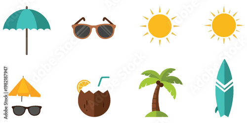 Summer vacation icons beach essentials for sunny days and tropical getaways