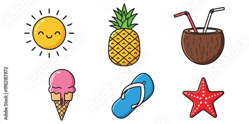 Summer icons collection sun pineapple coconut ice cream and beach elements