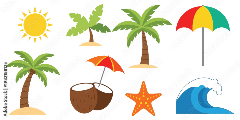 Obraz premium Tropical beach elements sun palm trees parasols and ocean waves