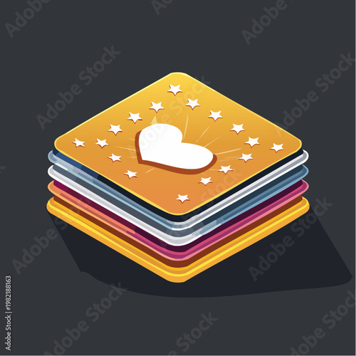 Abstract Stack of Cards with Heart and Stars - Isometric Graphic Illustration