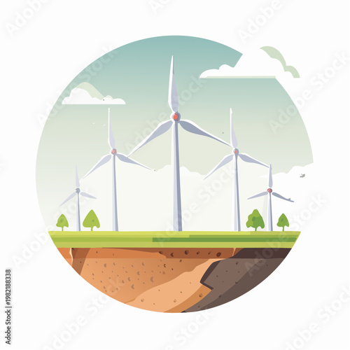 Flat Illustration of Wind Farm Landscape with Wind Turbines on a Floating Island Showing Underground Cross Section