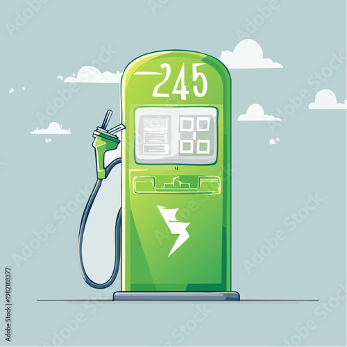 Green Electric Vehicle Charging Station Illustration with Charging Plug and Lightning Bolt Symbol