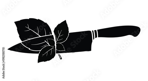 Chef knife combined with fresh basil leaves creates a professional culinary logo graphic that is perfect for branding restaurant menus, cooking classes, or gourmet food packaging projects.