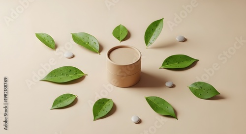 Eco-friendly matcha latte in cup with fresh green tea leaves on beige background