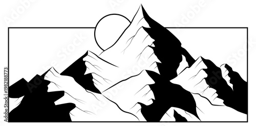 Sharp peaks rise against a stark, minimalist sky. Full moon glows softly behind the tallest summit. Black and white contrast defines rugged mountain contours