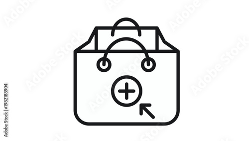 Minimalist black line art vector icon illustration of a shopping bag with a cursor arrow pointing to a circular button, representing online shopping, e-commerce, digital retail, and add to cart.