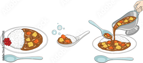 Japanese Curry Rice Cooking Process Illustration Set with Plate Serving, Spoon Scoop, and Sauce Pouring Steps for Food Preparation Concept Design
