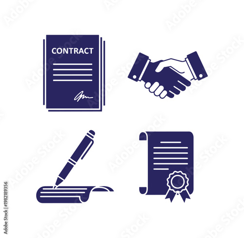 Business agreement contract handshake and certificate icons on white background