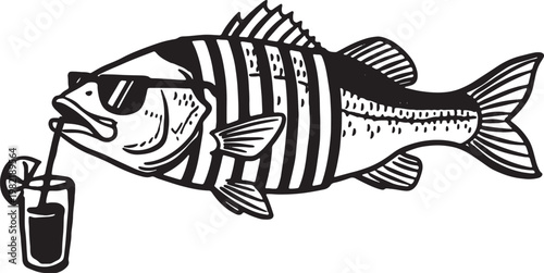 Stylized cool fish wearing sunglasses drinks from a beverage with a straw isolated on transparent background