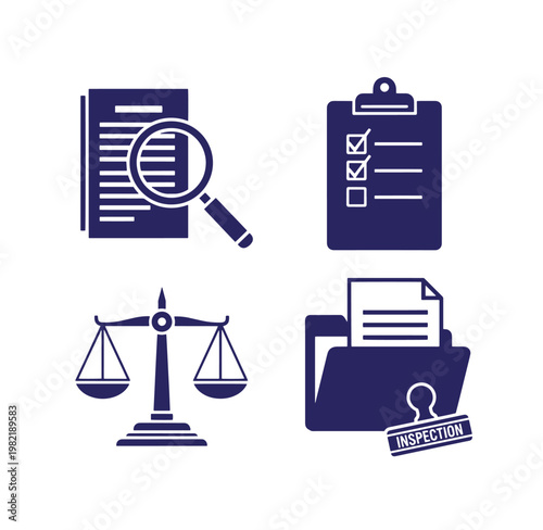 Law and order inspection icons with scales clipboard and documents  business concept