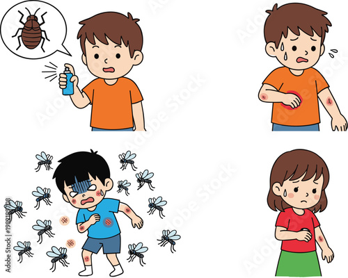 Children Suffering from Insect Bites Allergy Illustration Set with Kids Scratching Skin Rash, Mosquito Attacks, and Bug Infestation Health Problem Concept