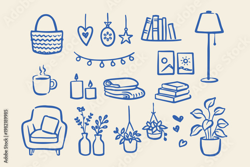 Home decor set naive doodle vector illustration