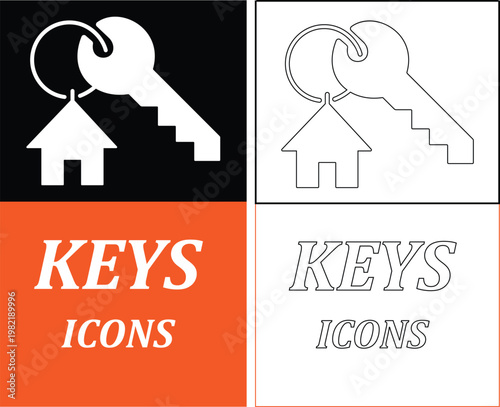 Keys icon set collection group, key, lock, unlock, security, access, house, door, property symbols, vintage and modern key shapes in flat and line style black vector illustration isolated