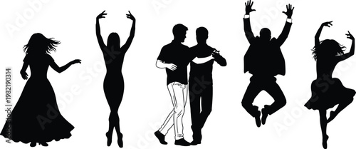 Dancing people silhouettes set, men and women in motion poses, party celebration activity figures vector illustration isolated on white